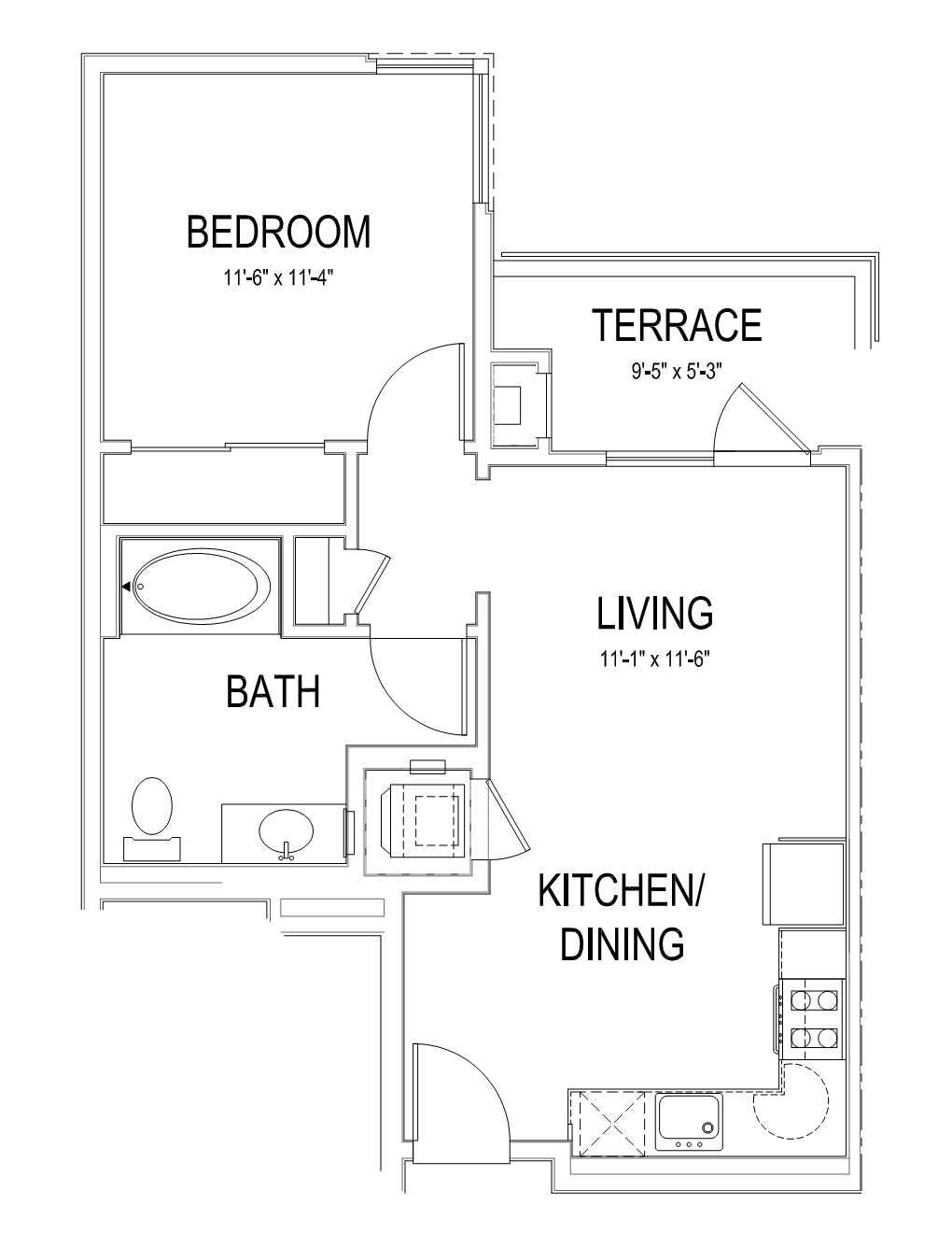 Floor plan for 1 bed, 1 bath, 602 sqft